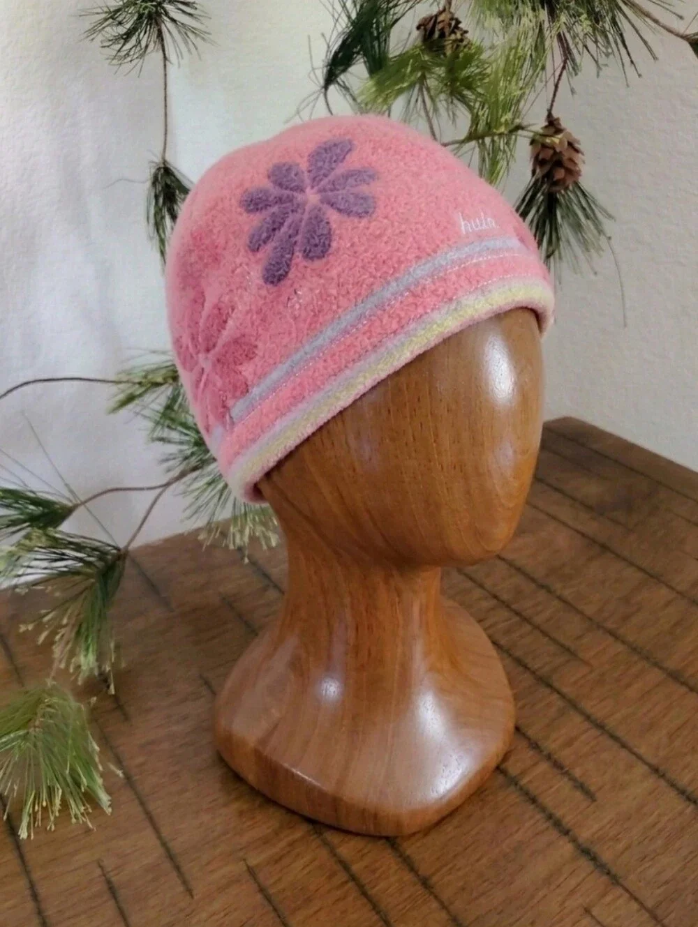 Bula Vintage Wool Exterior Fleece Lined Pink Flower Beanie Hat
